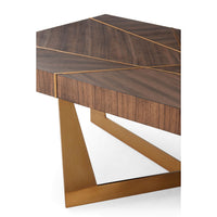 Close-up of modern coffee table wood top and base.