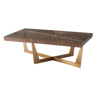 Modern coffee table with geometric wood top, angled view.