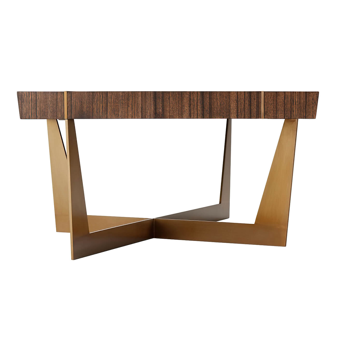 Modern coffee table end view, strong gold base detail.