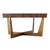 Modern coffee table end view, strong gold base detail.