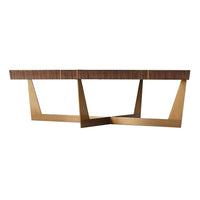 Modern coffee table side view, gold metal base visible.