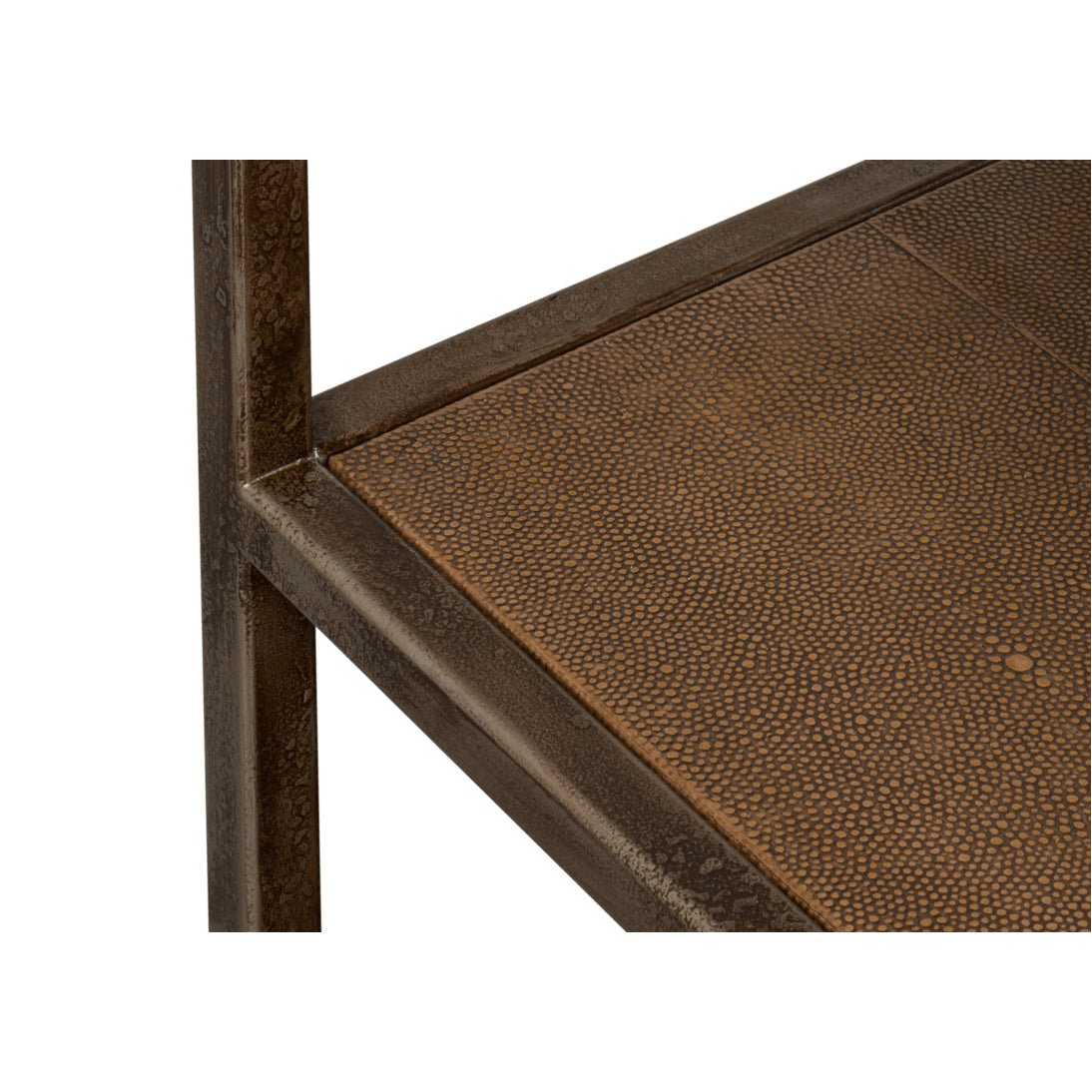 Detailed corner view of console table, textured finish.