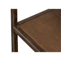 Detailed corner view of console table, textured finish.