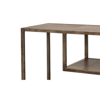 Console table corner, showcasing minimalistic metal frame.