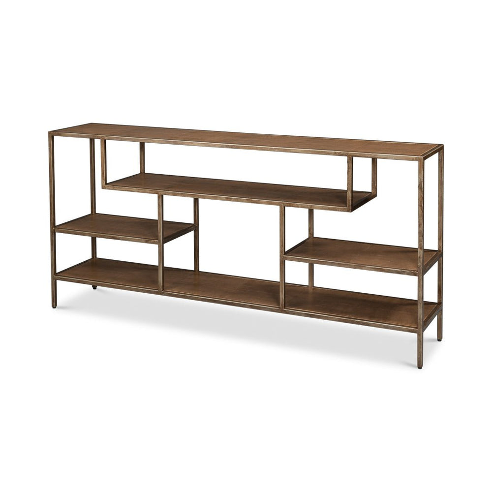 Chic console table with open shelving, antique bronze finish.