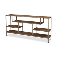 Chic console table with open shelving, antique bronze finish.