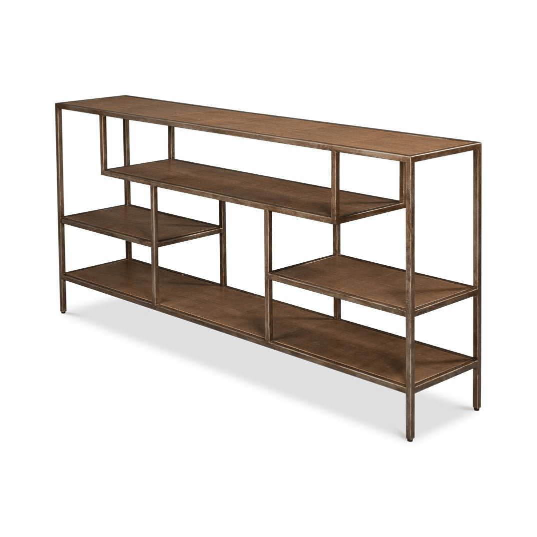 Angled view of console table highlighting multiple shelves.