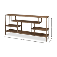 Dimensions and full view of console table with shelves.