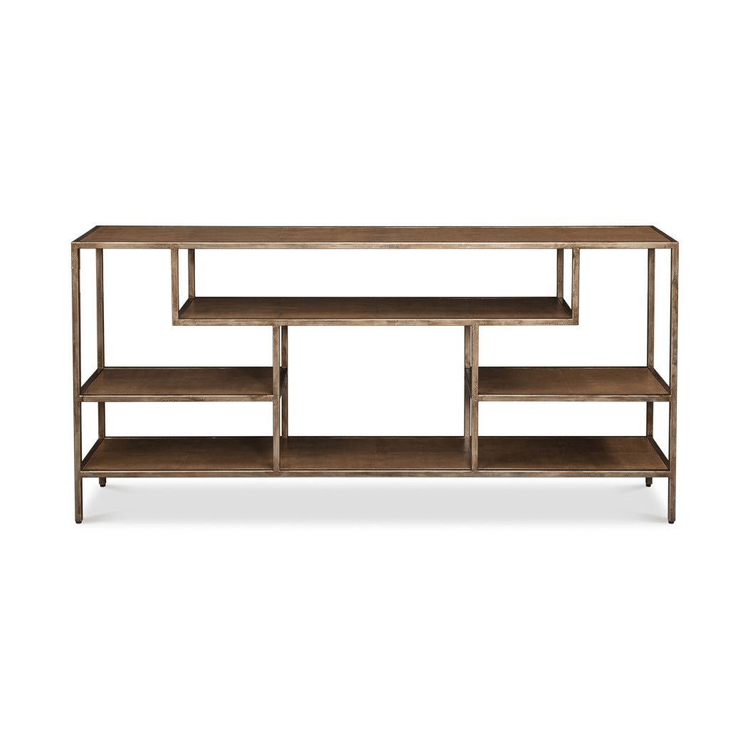 Front view of console table with symmetrical shelf design.