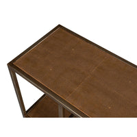 Top view of console table showcasing brown leather surface.