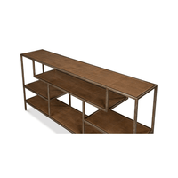 Top perspective of console table, detailed leather surface.