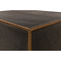 Corner detail of antique gray modern end table.