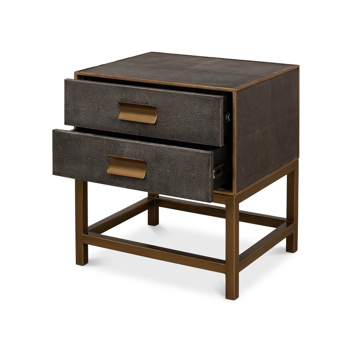 Open drawers of gray modern end table.