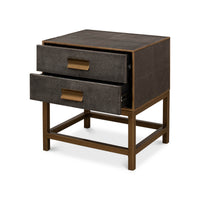 Open drawers of gray modern end table.