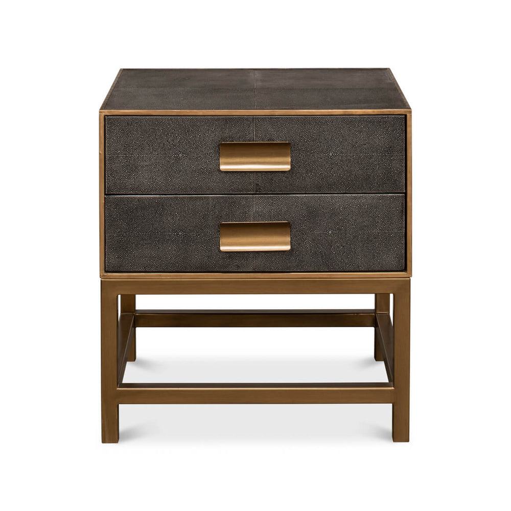 Front view of antique gray modern end table.