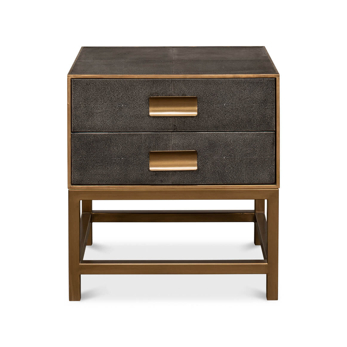Front view of antique gray modern end table.