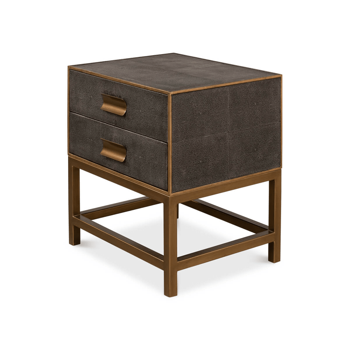 Angled rear view of antique gray modern end table.