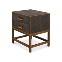 Angled rear view of antique gray modern end table.