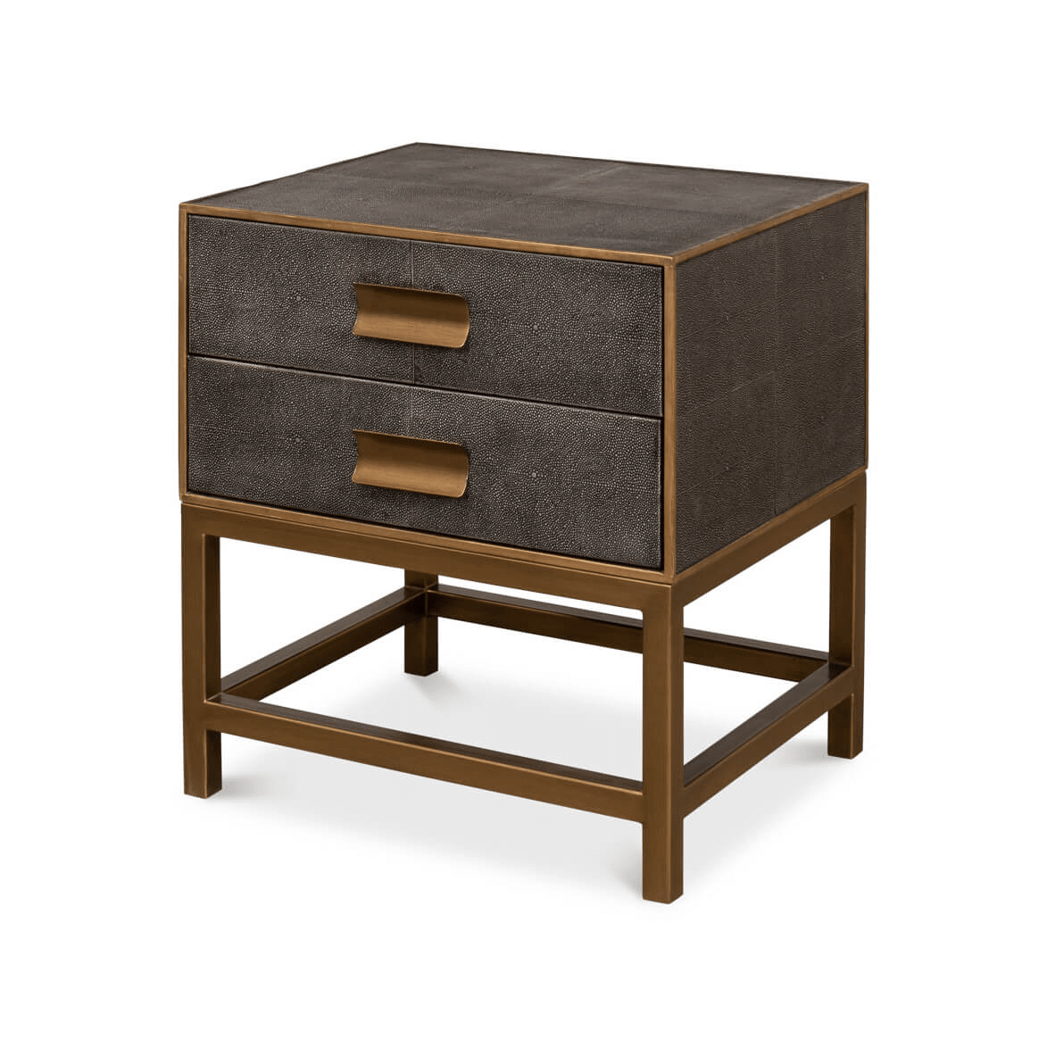 Angled view of gray modern end table.