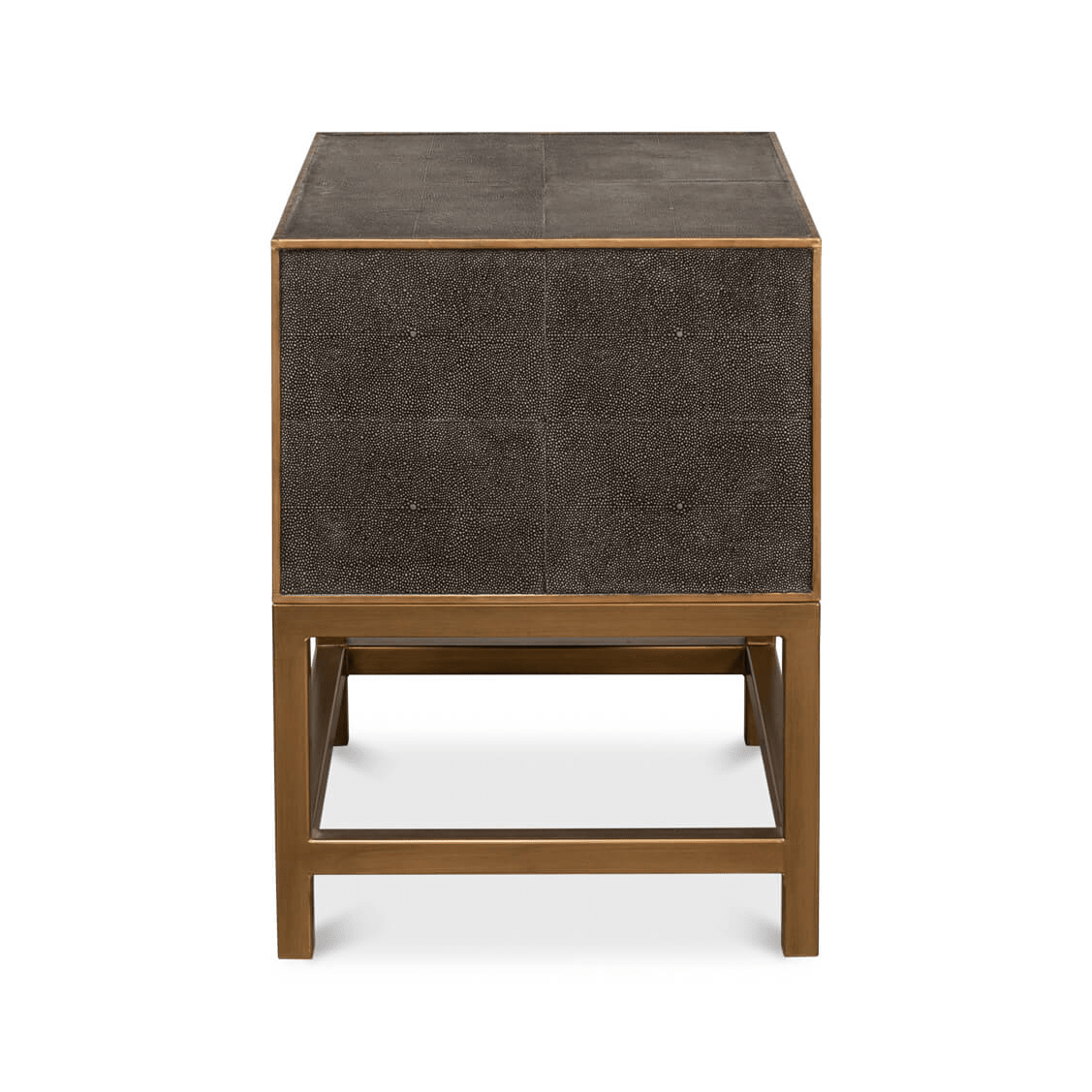 Side view of antique gray modern end table.