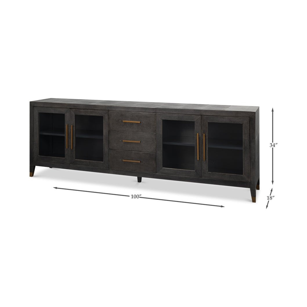 Dimensions of black leather sideboard with doors and drawers.