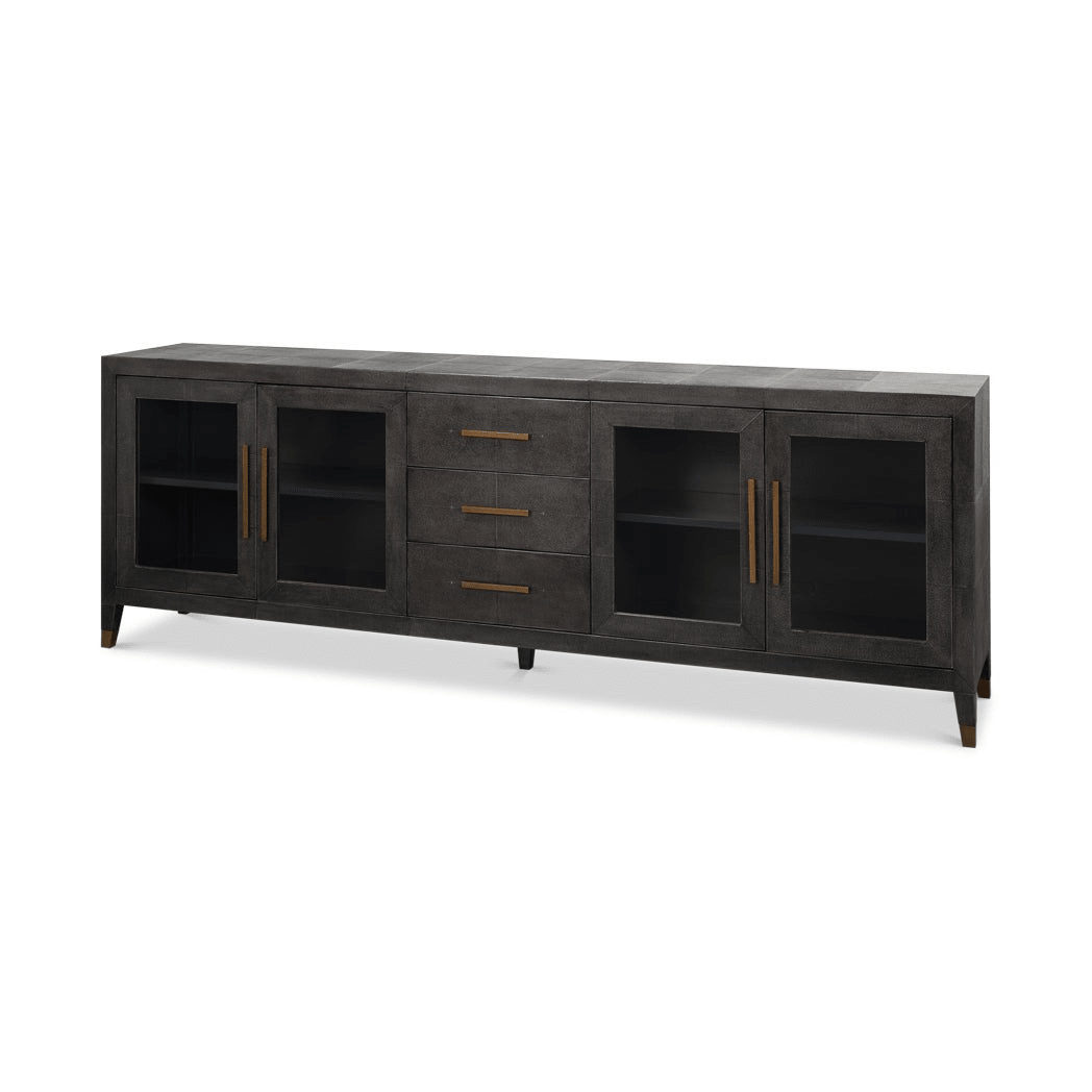 Angled view of leather sideboard with glass doors.