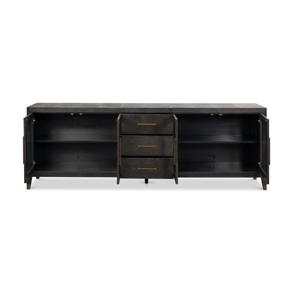 Open sideboard showing shelves and drawers, gold hardware.