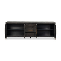 Open sideboard showing shelves and drawers, gold hardware.