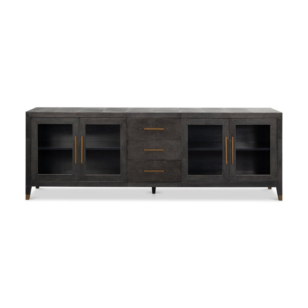 Closed black leather sideboard with gold handles.