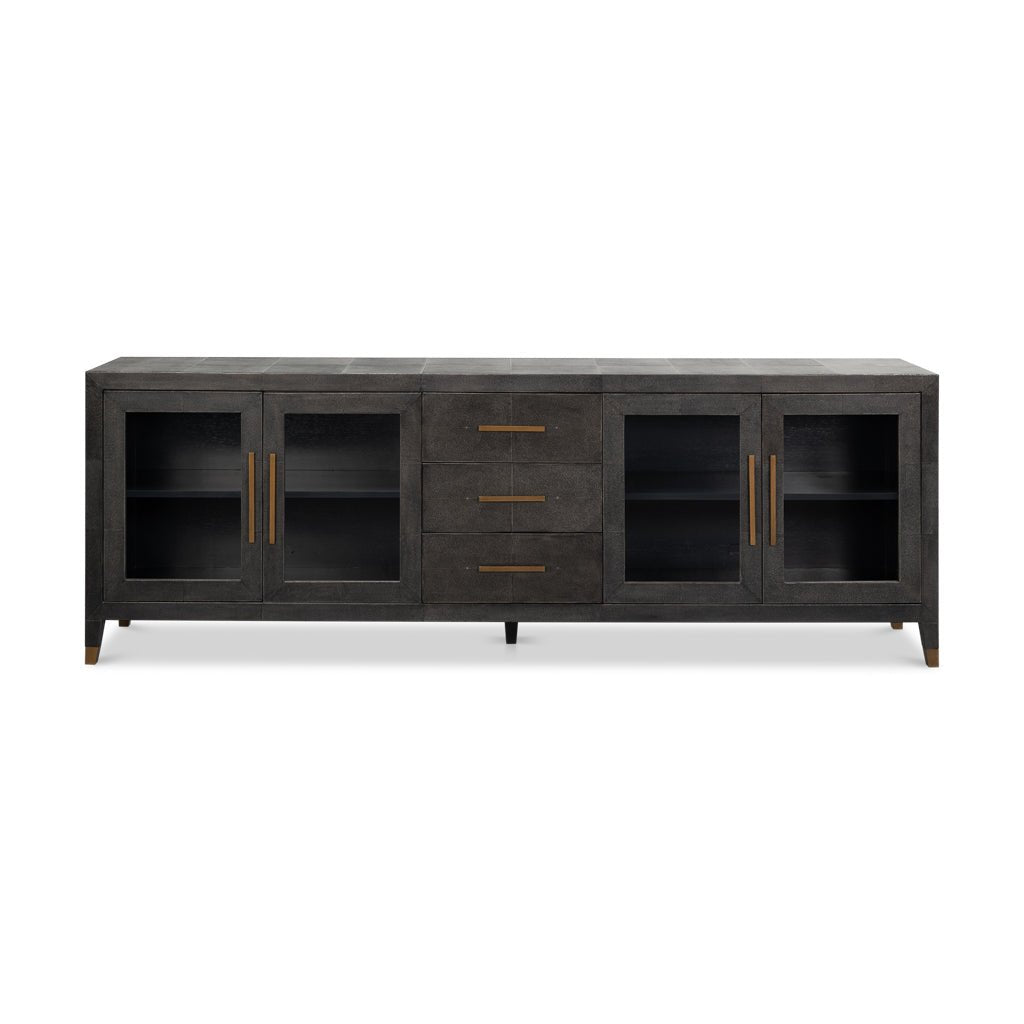 Closed black leather sideboard with gold handles.
