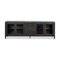 Closed black leather sideboard with gold handles.