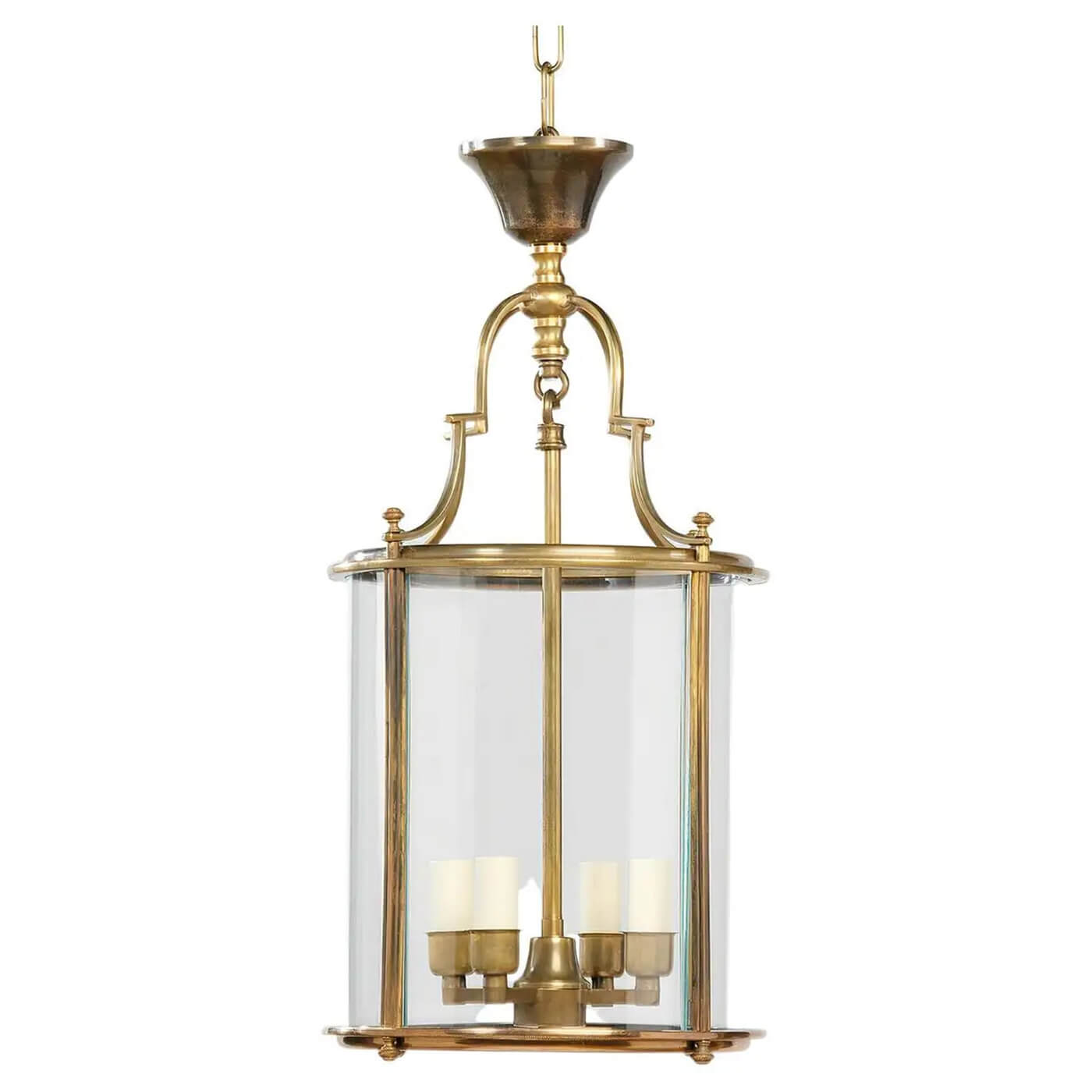 Antique round lantern, brass finish, full front view.