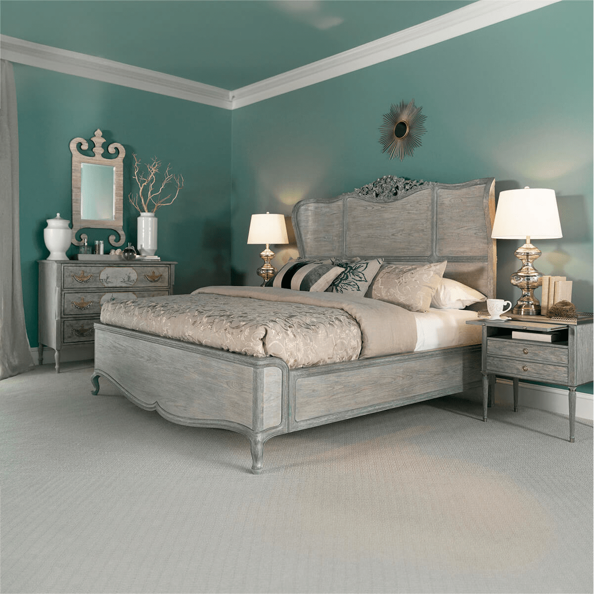 Bedroom setting, antique-style commode with matching furniture.