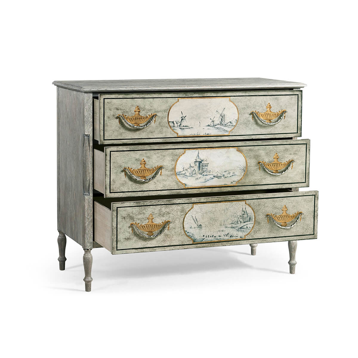 Antique-style commode, partially open drawers, side angle.