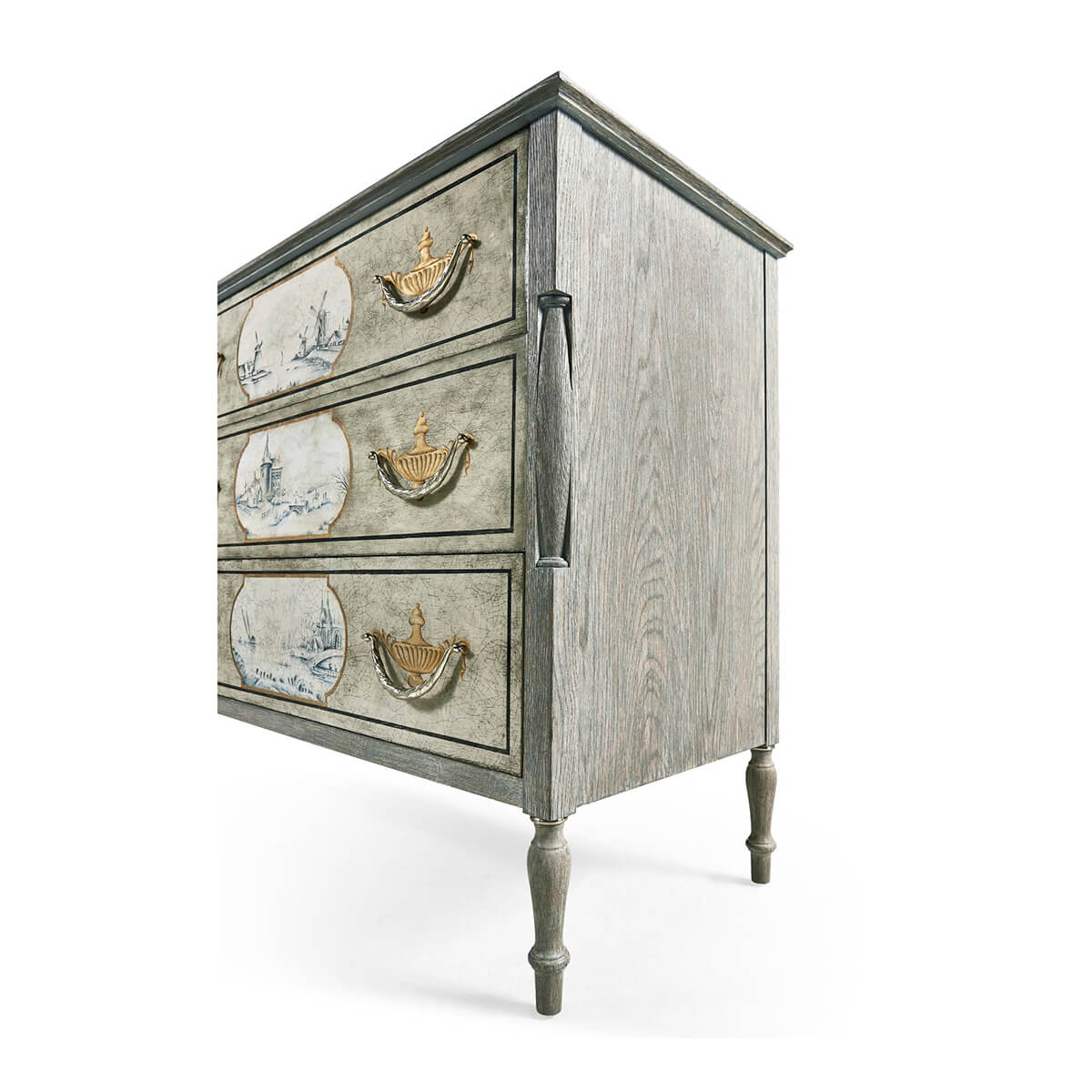 Low-angle view, side and front of antique commode.