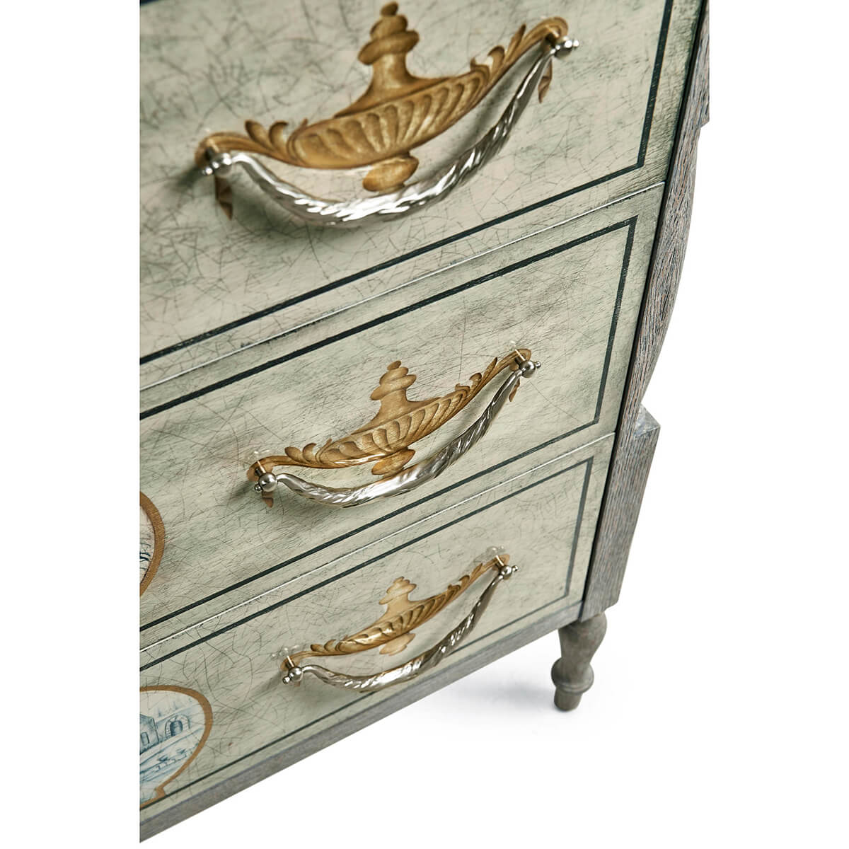 Top view, focus on handles, antique commode.