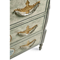 Top view, focus on handles, antique commode.
