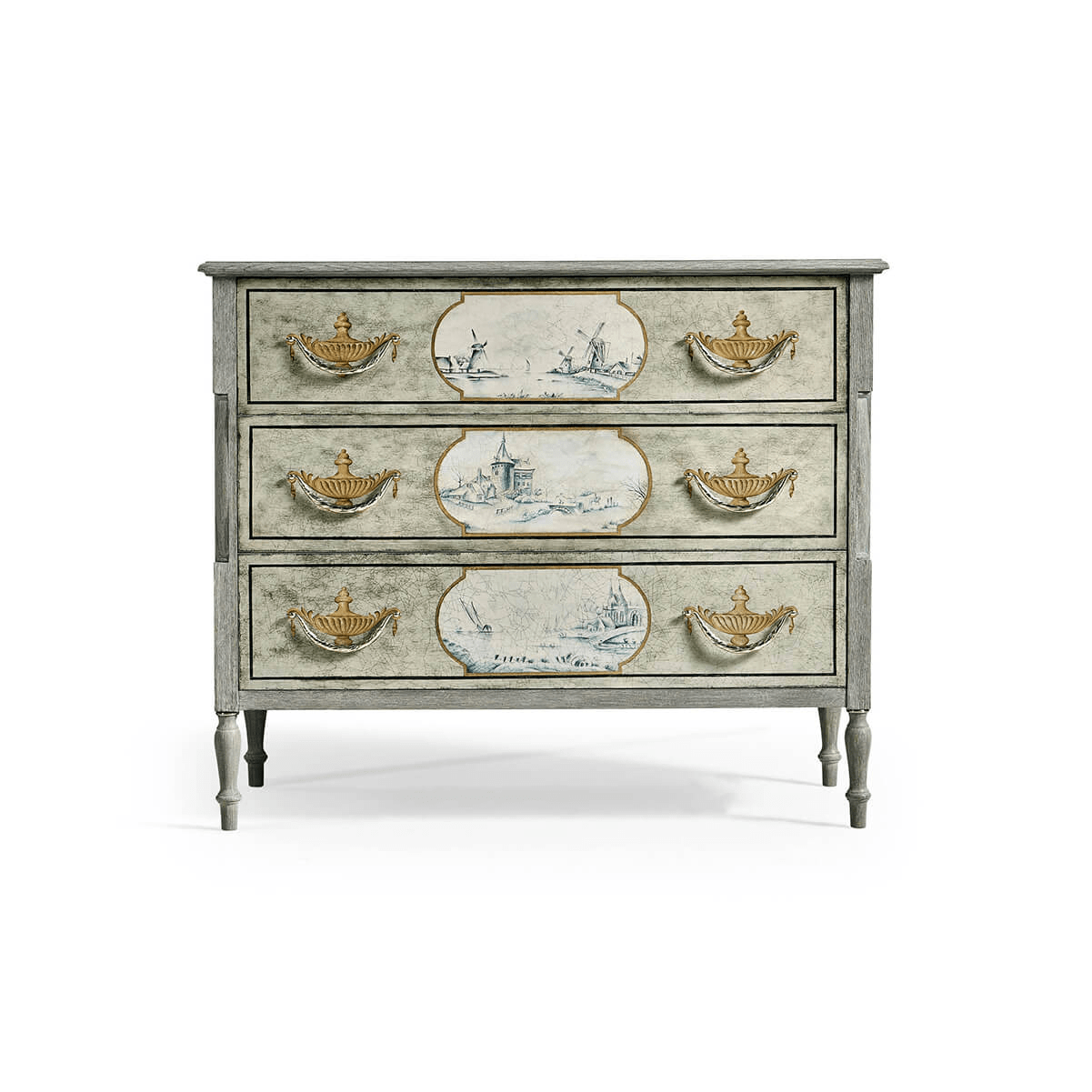 Front view, antique-style commode, drawers closed.