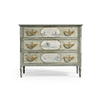 Front view, antique-style commode, drawers closed.