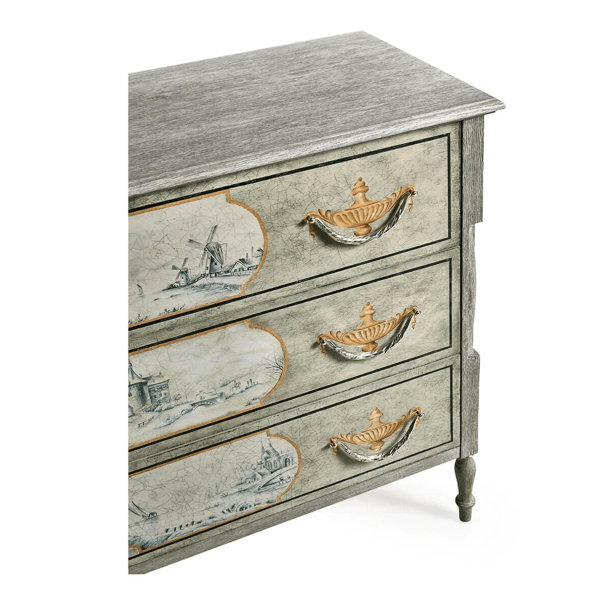 Close-up of drawer fronts, antique-style commode with painting.