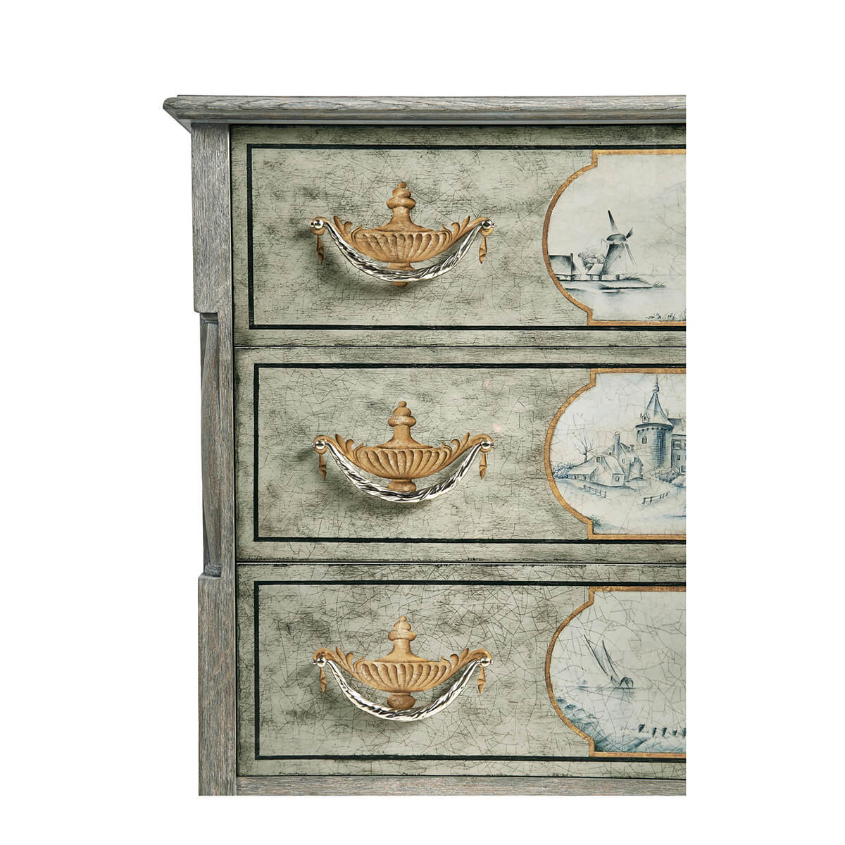 Close-up, drawer handles and painted details on commode.
