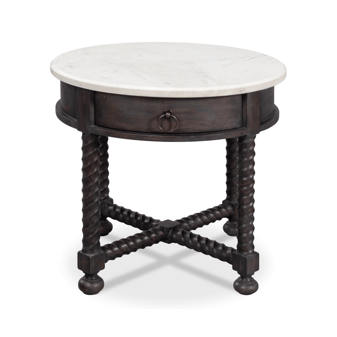 Round side table with marble top, front view.