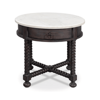 Round side table with marble top, front view.