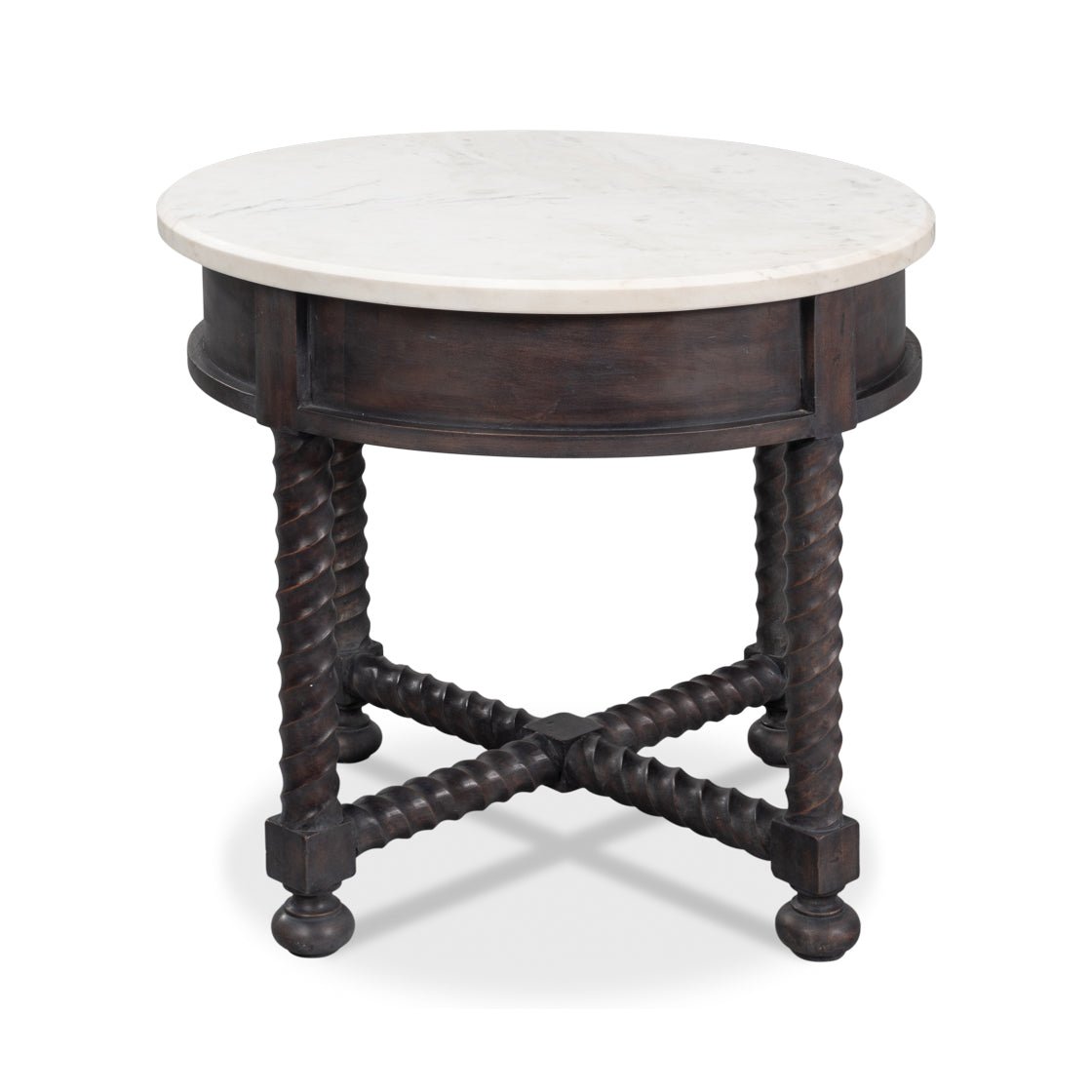 Round side table with twisted legs, rear view.