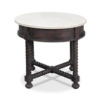 Round side table with twisted legs, rear view.