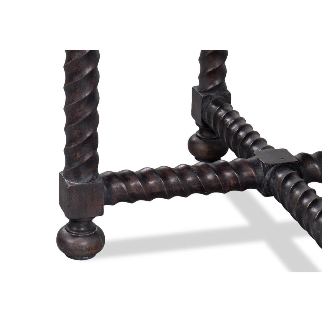 Close-up of twisted legs and connector detail, table.