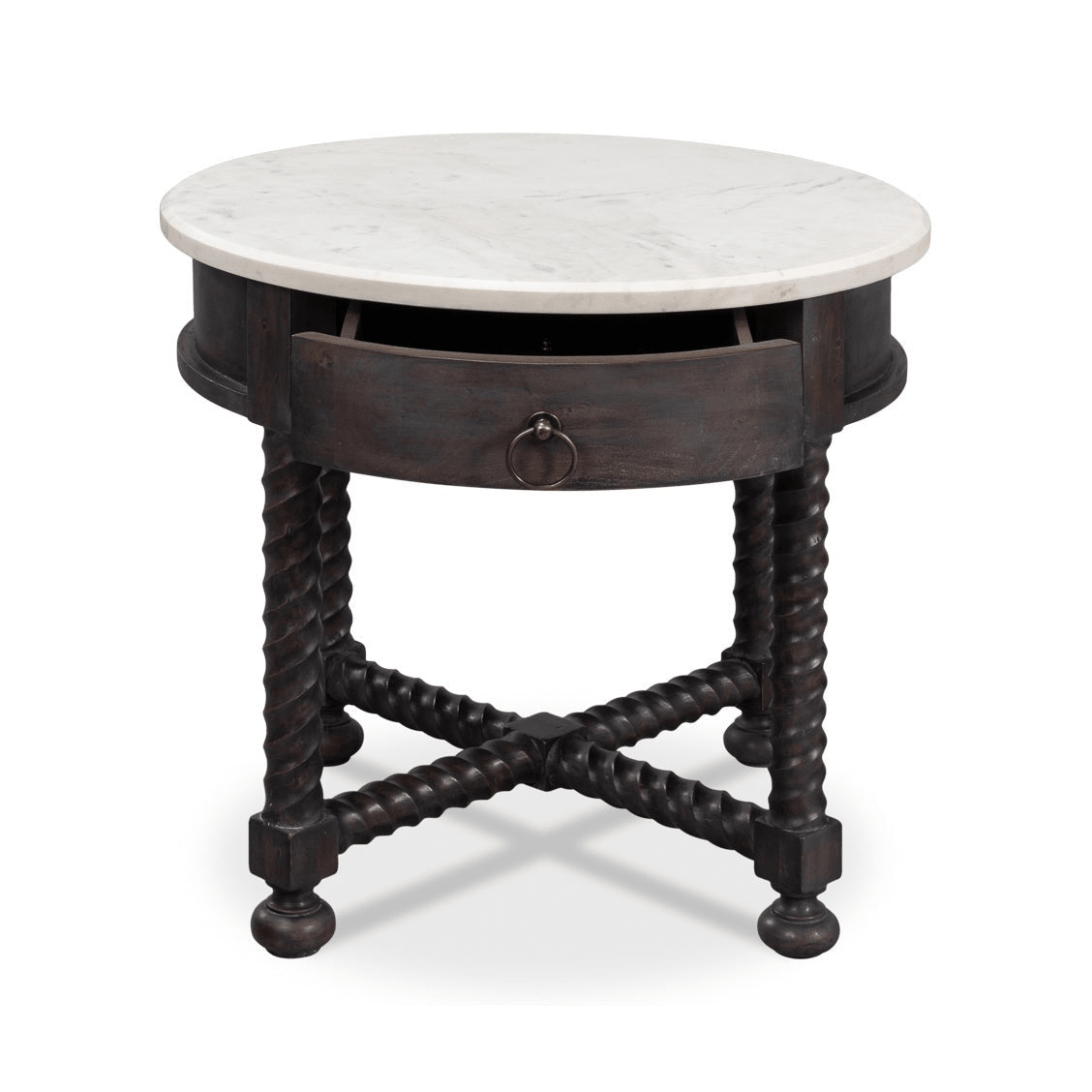 Open drawer on round side table.