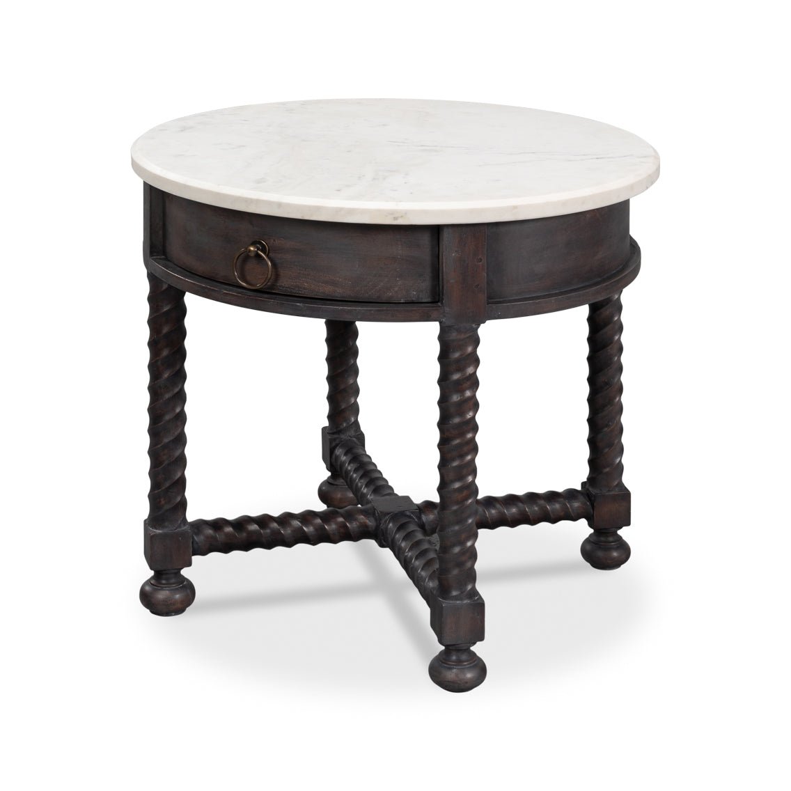 Round side table with marble top, frontal view.
