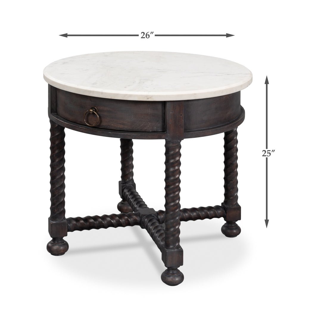 Round side table with dimensions, marble top.