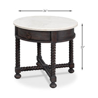 Round side table with dimensions, marble top.